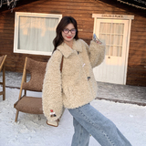 羊羔毛冬季外套女2024新款短款厚通勤棉服小个子皮毛一体翻领慵懒，女装皮草，浙宝178