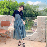 假两件拼接牛仔连衣裙女2025夏季新款盐系休闲气质收腰显瘦A字裙，女装连衣裙，浙宝178