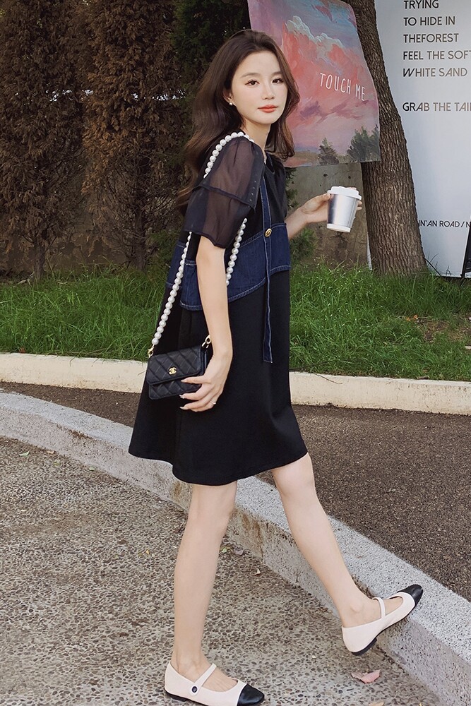 韩系牛仔背带拼接连衣裙女夏季2025新款减龄高级感宽松显瘦T恤裙,女装连衣裙,浙宝178