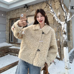 羊羔毛冬季外套女2024新款短款厚通勤棉服小个子皮毛一体翻领慵懒,女装皮草,浙宝178