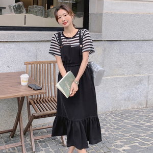 法式气质假两件连衣裙女2025夏季新款韩版收腰显瘦条纹拼接长裙子图片