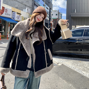 美式复古黑色皮毛一体机车服女冬季新款韩版宽松加厚羊羔毛外套潮,女装皮草,浙宝178