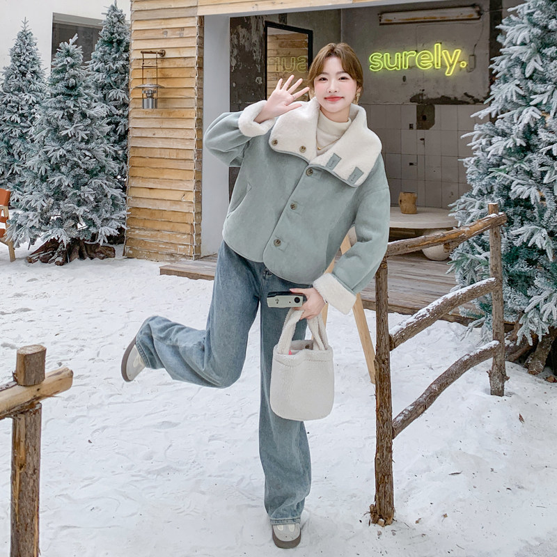 蓝色两面穿羊羔毛外套女冬季新款韩系小个子短款加厚保暖皮毛一体，女装皮草，浙宝178