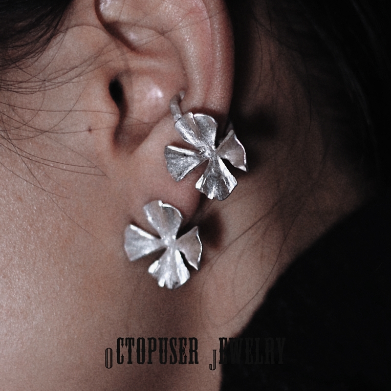八腕纯银手工感四叶草耳夹
