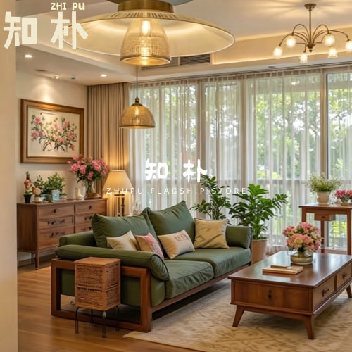自然风实木沙发三人绿色麻布沙发