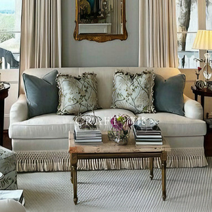 简梵工艺 法式复古布艺沙发 米白色流苏边三人沙发 舒适客厅家具