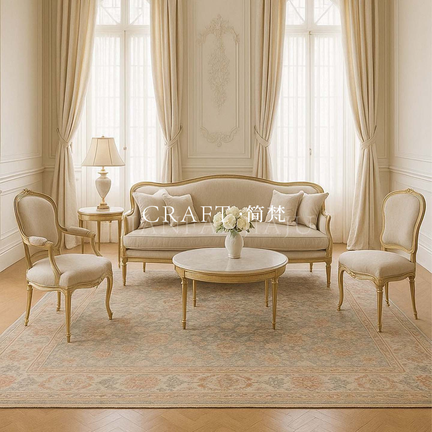 简梵工艺 法式复古实木沙发 客厅米色布艺沙发组合 金色雕花茶几