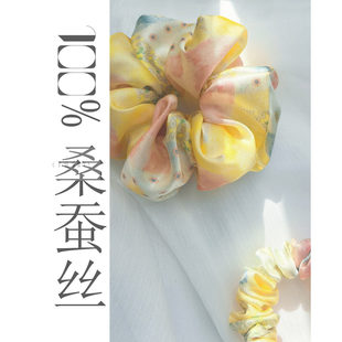 原创100%真丝发圈桑蚕丝印花发圈大肠小肠发饰高级不伤发秋意浓