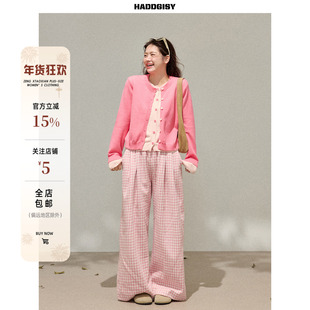 曾小咸大码女装 胖mm粉色假两件针织开衫上衣春季新款休闲裤套装