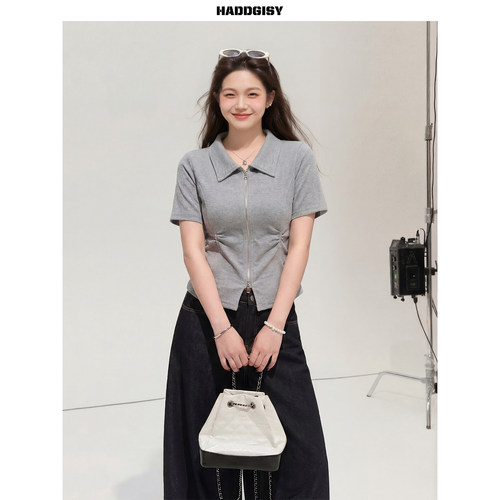 曾小咸大码女装灰色短袖t恤女夏收腰设计感上衣胖mm显瘦裤子套装