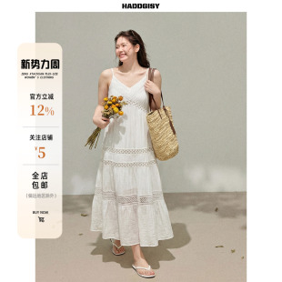 海边度假白色V领吊带连衣裙胖mm春季 纯白印记 女装 曾小咸大码