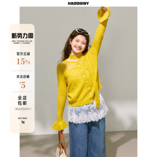 胖mm春季 曾小咸大码 黄色镂空设计感针织上衣套装 萤火之光 女装