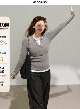 曾小咸大码女装“有氧周末”微胖mm灰色假两件长袖修身上衣套装春