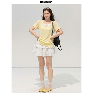 曾小咸大码女装胖mm巨好看短袖针织t恤女夏黄色上衣显瘦套装裙子