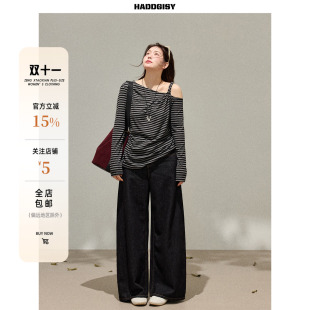 露肩上衣秋冬斜肩t恤套装 韩系微胖妹妹mm条纹长袖 女装 曾小咸大码