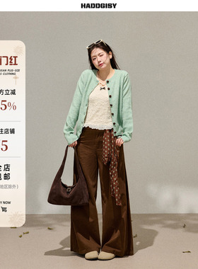 曾小咸大码女装 胖mm薄荷绿色针织毛衣开衫上衣春棕色阔腿裤套装