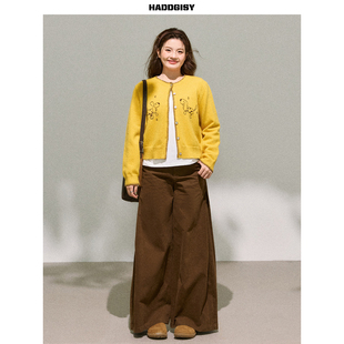 曾小咸大码女装 “随性时髦” 黄色针织开衫上衣春季新款套装胖mm