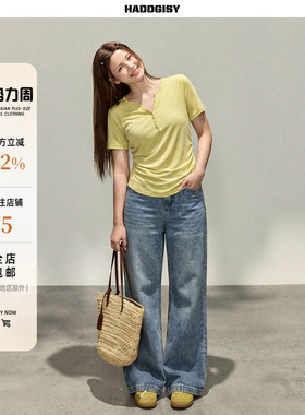 曾小咸大码女装“实穿主义”绿色v领收腰短袖T恤阔腿裤胖mm春套装