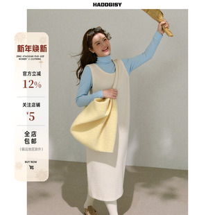 冬季 曾小咸大码 毛呢吊带连衣裙2025新款 胖mm蓝色半高领长袖 女装