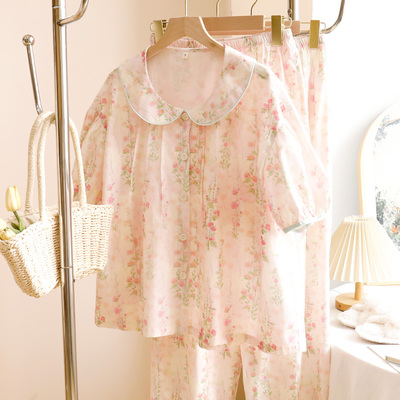 2024年夏季新款纯棉睡衣女短袖长裤薄款百分百棉甜美家居服套装