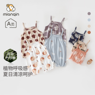 婴儿吊带连体衣夏季竹节棉透气短袖哈衣女宝宝薄款爬爬服外出夏装