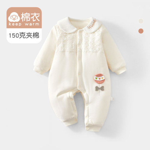 婴儿夹棉连体衣服150g加厚男女宝宝秋冬季爬服外出哈衣新生儿棉衣