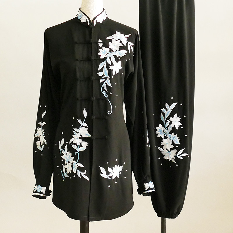 成人黑色新款绣花太极服气功舞服团队比赛服晨练服表演服装男女款图片