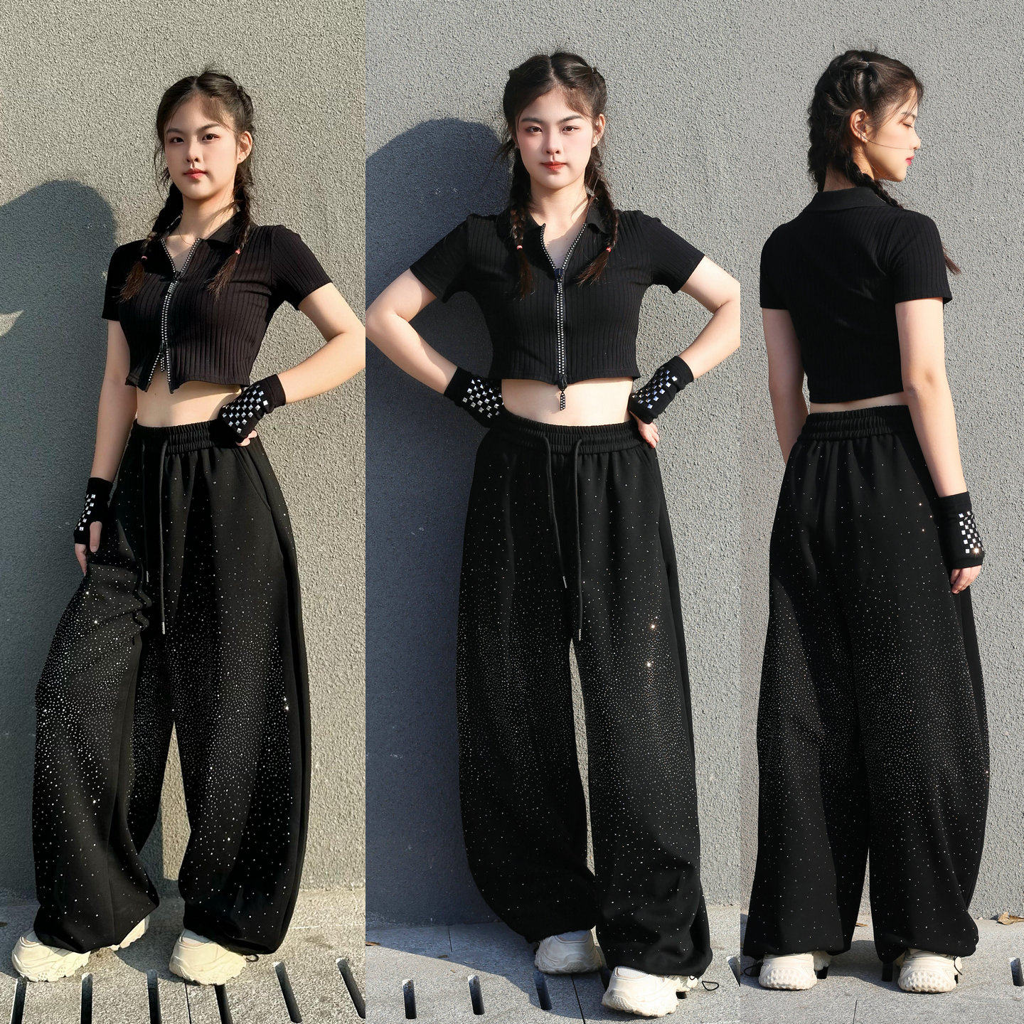 辣妹爆闪运动黑色烫钻爵士舞裤子新款jazz跳舞穿搭街舞套装女宽松