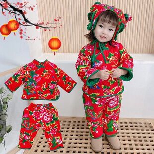 东北大花袄儿童套装女童棉服宝宝新年棉服套装冬季加厚棉袄拜年服
