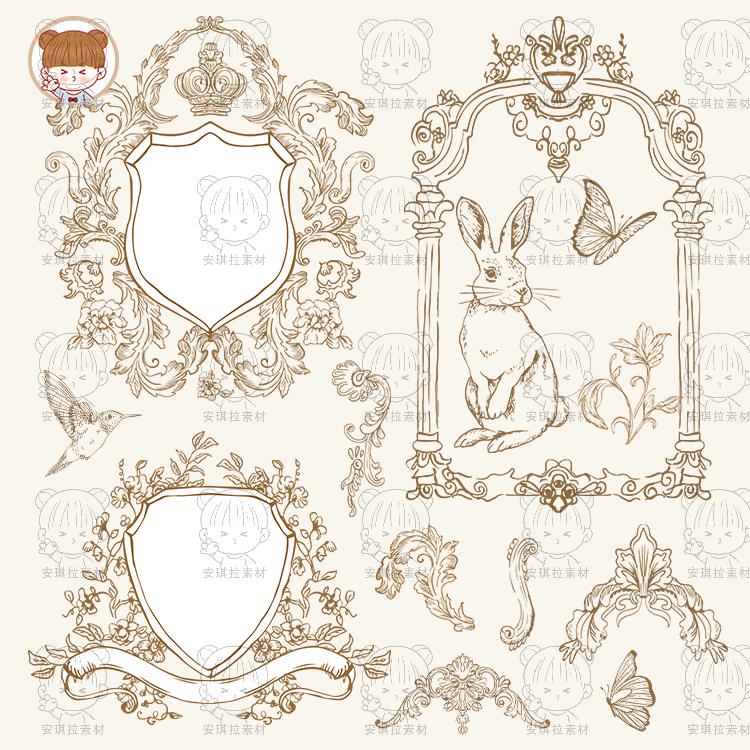 手绘复古Vintage欧式线描洛可可边框边角卡片海报装饰矢量png素材