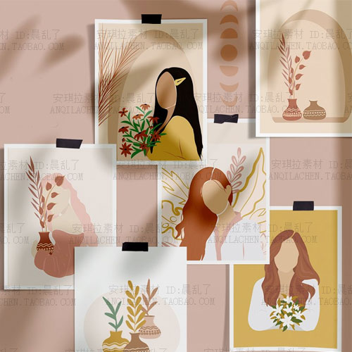 ins时尚植物花卉叶子盆栽女孩艺术装饰画画芯矢量png设计素材