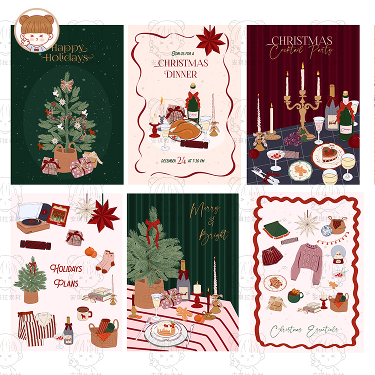 圣诞节欧式烛光晚餐圣诞树蛋糕美食插画元素海报贺卡矢量AI素材
