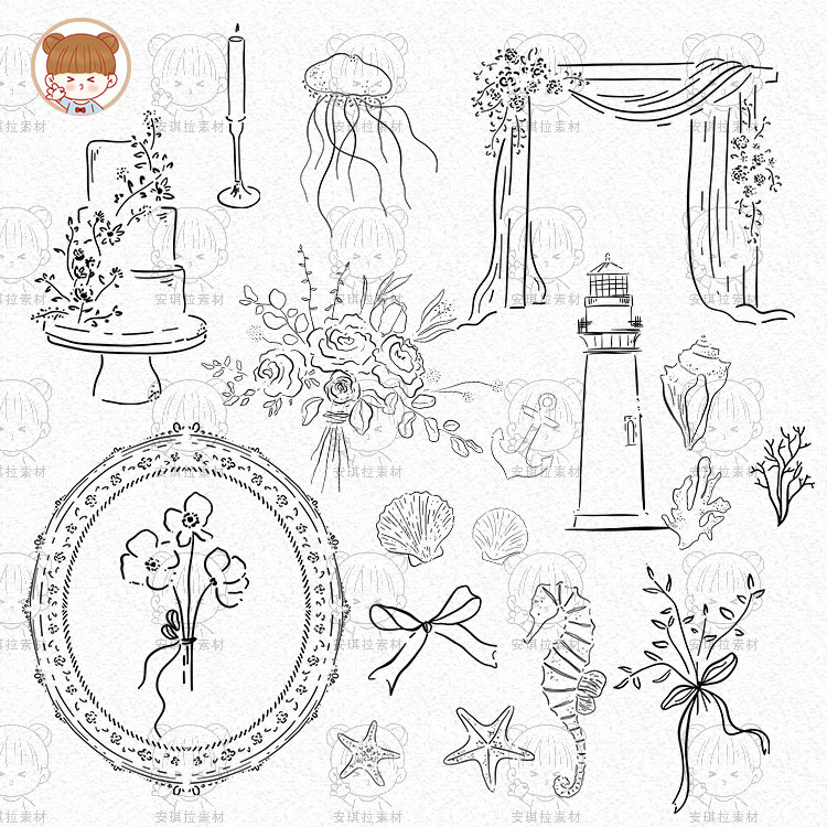线描手绘风海洋风婚礼蛋糕蝴蝶结灯塔贝壳海星插画矢量png素材,商务/设计服务,设计素材/源文件,淘宝优惠券,粉丝福利购,淘宝优惠卷