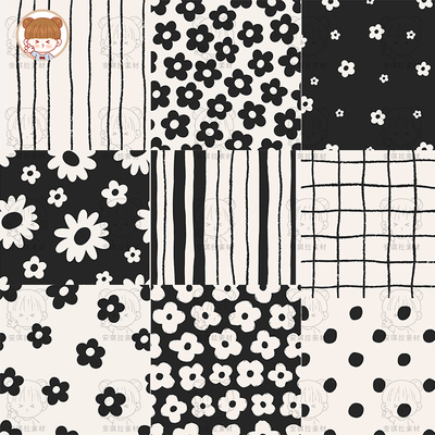 黑色小花花朵图案格子插画海报包装印刷平铺背景矢量设计素材
