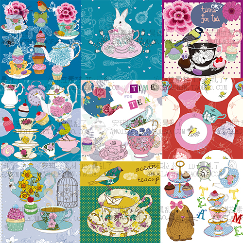 56张法式奢华宫廷风茶杯茶壶甜点下午茶插画平铺背景矢量EPS设计