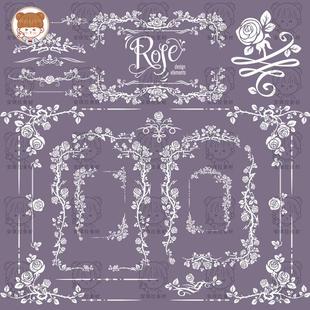 复古黑白Vintage玫瑰花纹剪影边框分隔线海报装饰元素矢量png素材