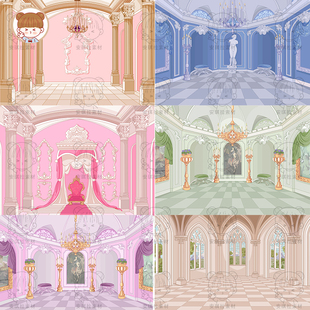 欧式巴洛克宫廷粉色公主宫殿大厅房间场景背景矢量AI格式素材