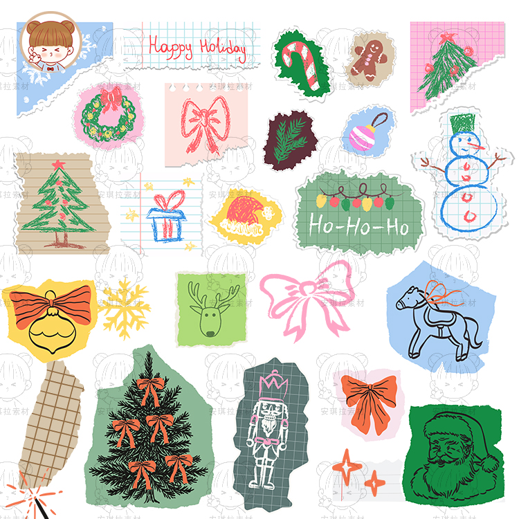 可爱圣诞卡通撕纸美学装饰元素海报贺卡拼贴设计矢量+png素材