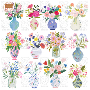 水彩小清新花卉花瓶插画海报卡片装饰元素免抠png设计素材