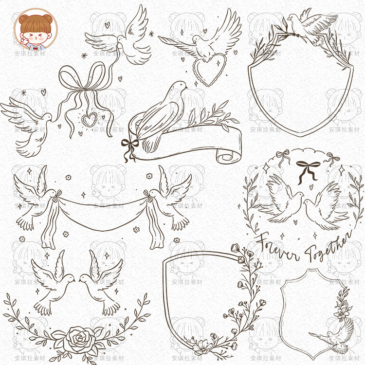 复古线描白鸽植物唯美标题框标签婚礼logo水印矢量AI+png素材
