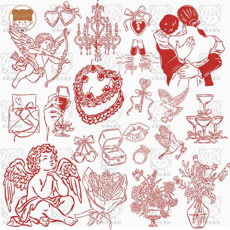 手绘线描情人节丘比特天使餐厅红酒蛋糕花瓶装饰元素矢量png素材,商务/设计服务,设计素材/源文件,淘宝优惠券,粉丝福利购,淘宝优惠卷