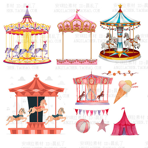 线描游乐园旋转木马剪影儿童生日派对元素eps矢量设计素材