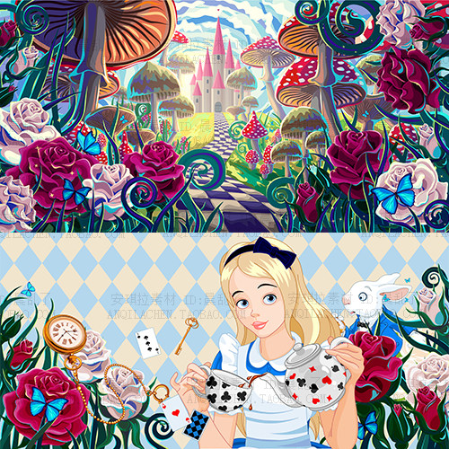 童话爱丽丝Alice梦游仙境场景背景元素矢量AI设计素材