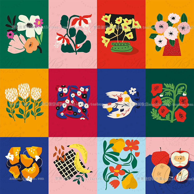 手绘马蒂斯涂鸦抽象植物花卉水果插画装饰画画芯海报设计矢量素材图片