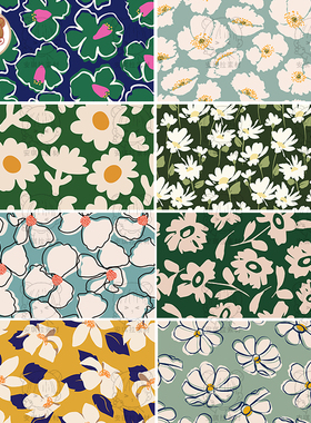 清新绿色淡雅花卉植物无缝拼接背景包装印花eps图案矢量设计素材