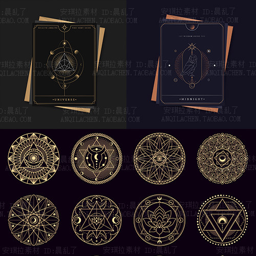 神秘天体线描金色月亮太阳魔术卡片圆形魔法阵矢量ai设计素材
