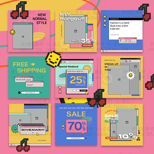 糖果色趣味电脑窗口弹出重叠图框照片排版海报psd+AI矢量设计素材