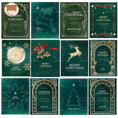 圣诞节绿色系金色雪花鹿圣诞树图案轻奢风贺卡海报矢量AI psd素材