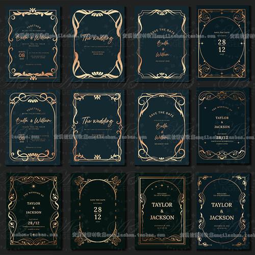 欧式复古Vintage巴洛克花纹金边边框书本封面婚礼海报矢量素材