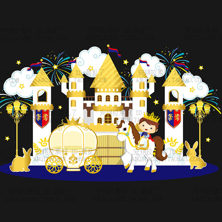 男宝宝百日宴生日派对骑白马王子城堡背景矢量AI源文件素材